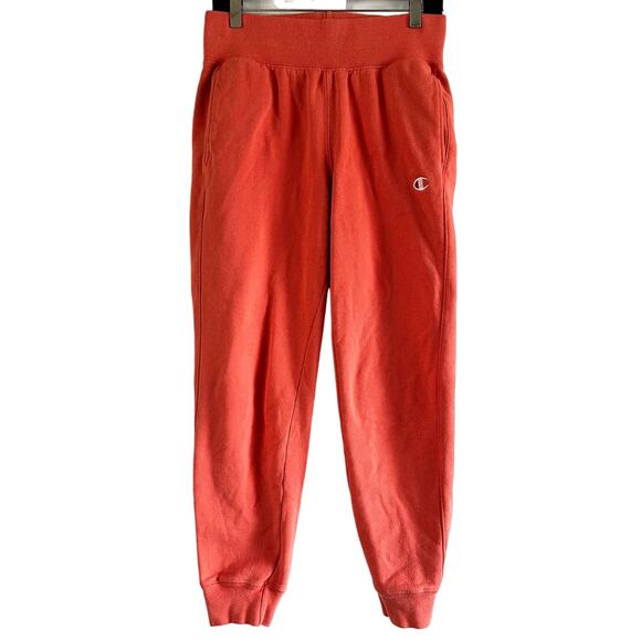 Champion Reverse Weave Sweatpants Small Logo Pull On Tapered Cotton Orange M